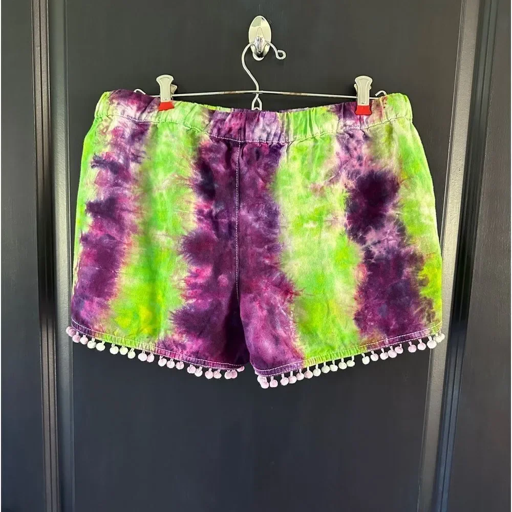 J. Crew Shorts Linen Purple Green Tye Dye Pom Pom Tassel Preppy Boho Summer Med